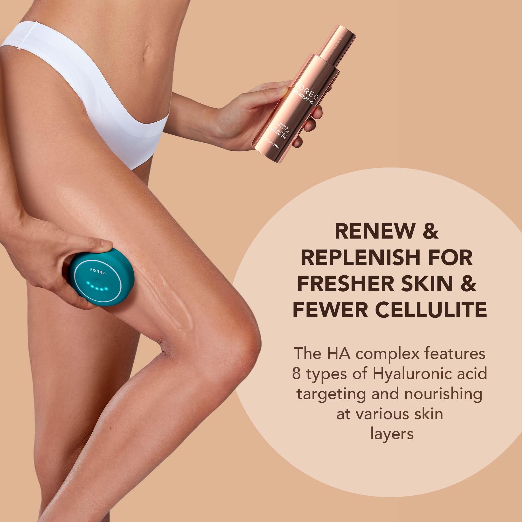 FOREO Supercharged Firming Body Serum swirl highlights a lightweight texture ideal for quick absorption.