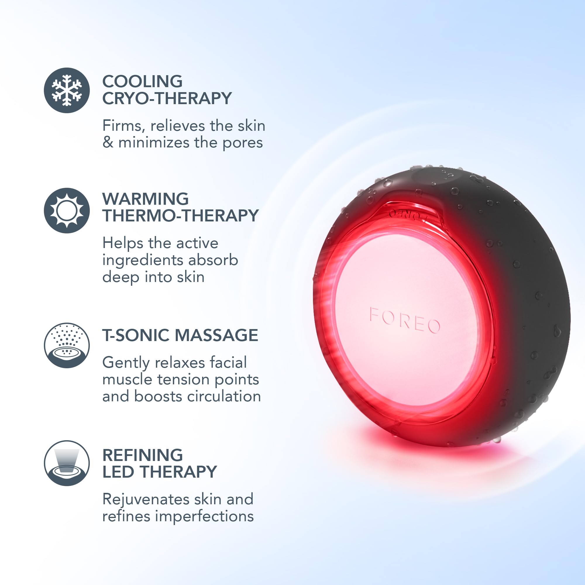 FOREO UFO 3 cooling mode depuffs and tightens pores.