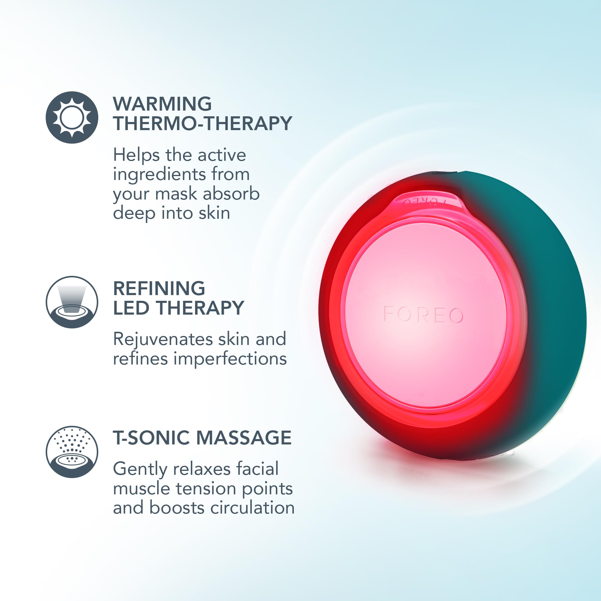 Foreo UFO 3 go red light therapy panel illuminating skin for revitalization.