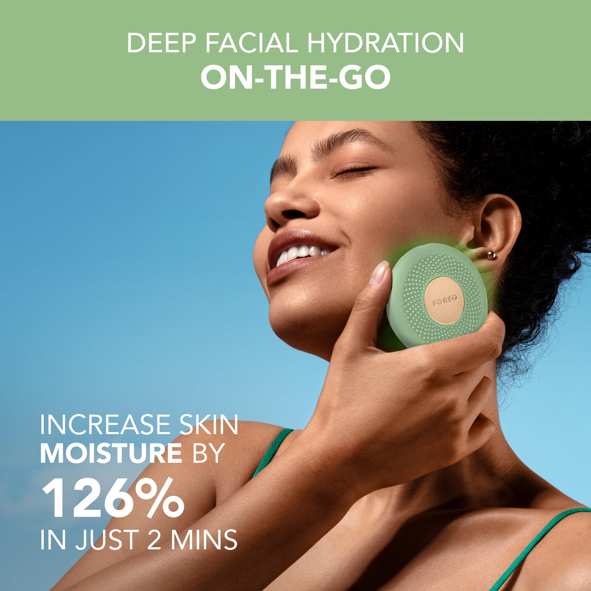 FOREO UFO 3 go warming therapy device in action, soothing facial warmth