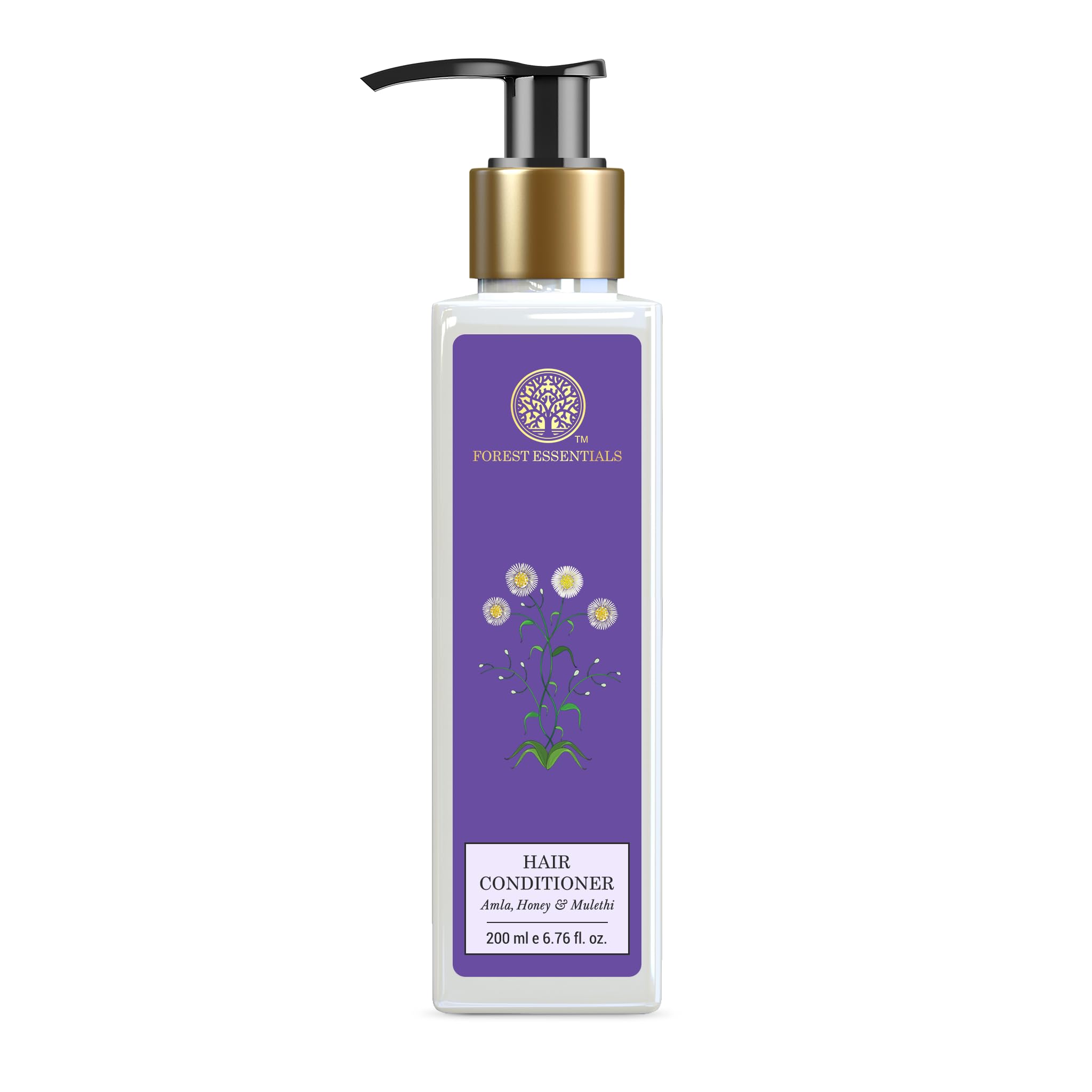 Forest Essentials conditioner bottle shows amla, honey and mulethi for nourished, smoother hair.