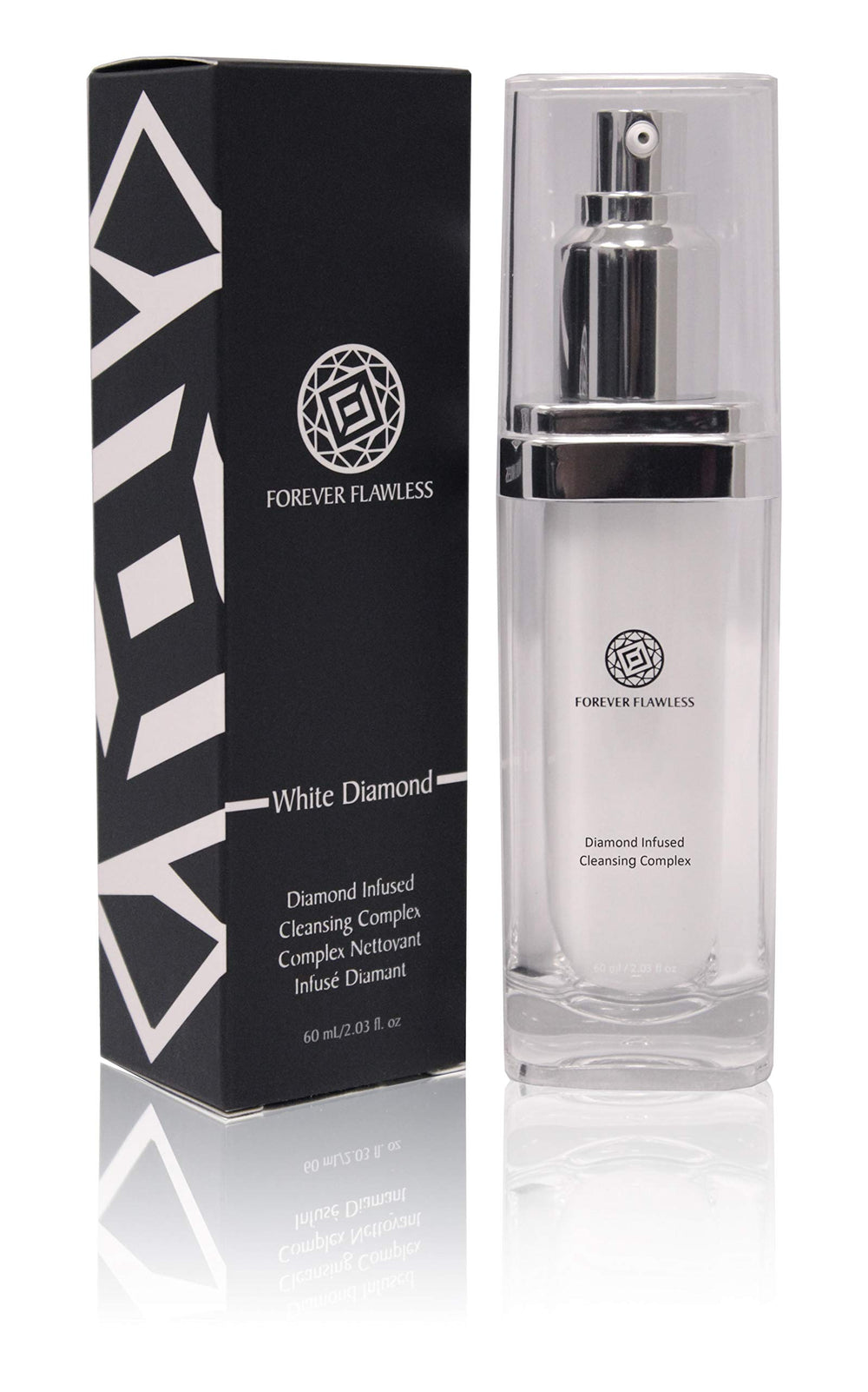 Forever Flawless Diamond Infused Facial Cleanser bottle on a vanity, revealing glow during daily skincare.