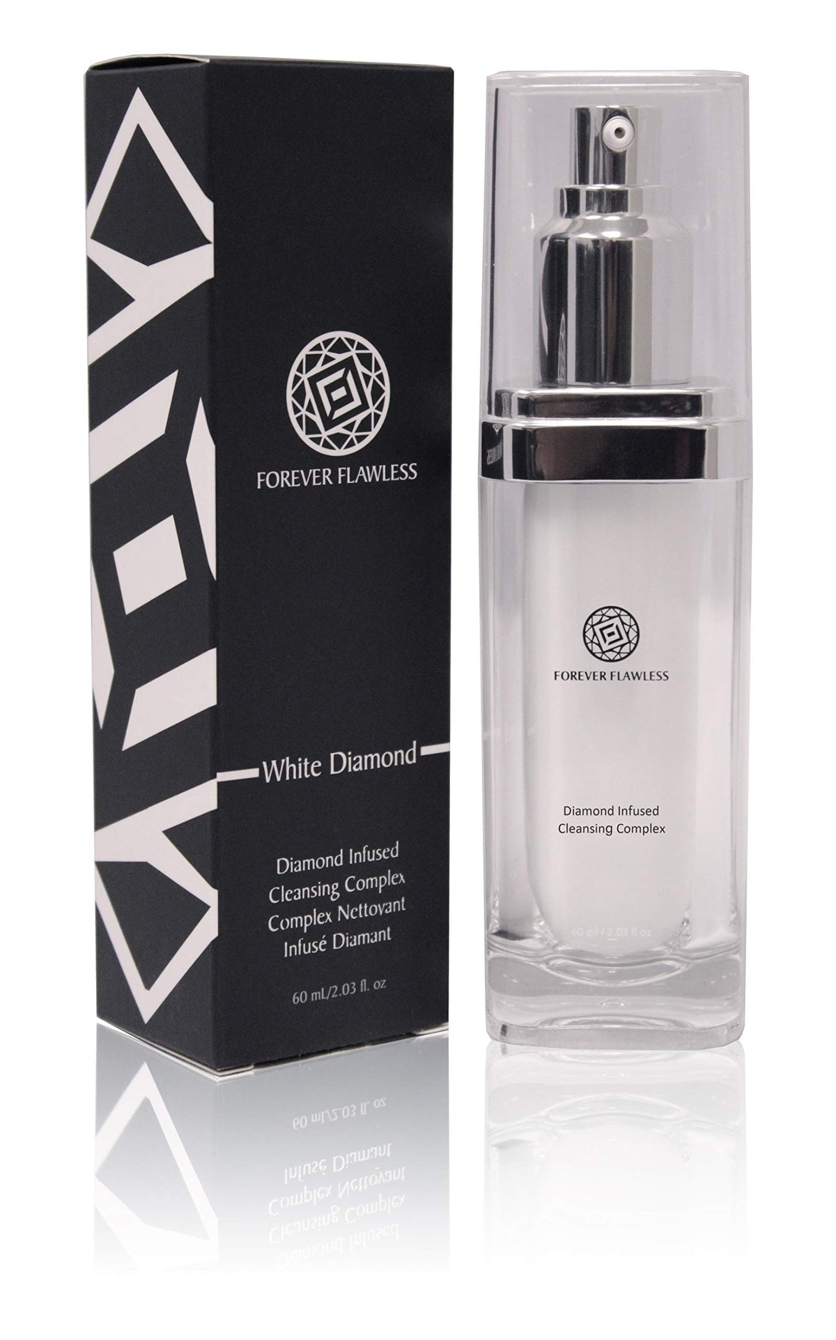Forever Flawless Diamond Infused Facial Cleanser bottle on a vanity, revealing glow during daily skincare.
