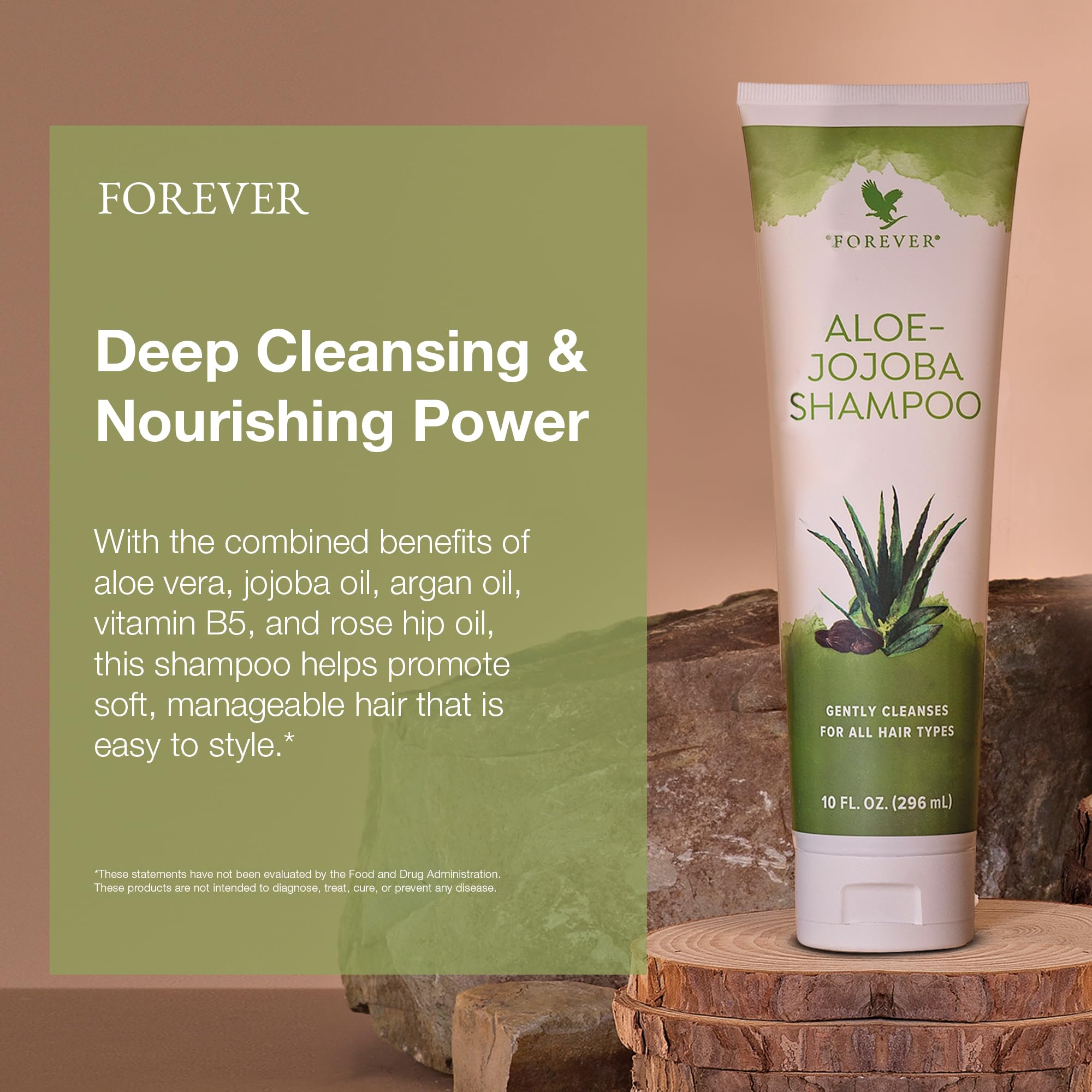 Forever Living Aloe-Jojoba Shampoo ingredients scene with Aloe Vera and Jojoba Oil.