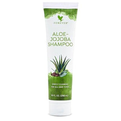 Forever Living Aloe-Jojoba Shampoo label closeup highlighting vegan and gluten-free features.