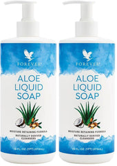 Forever Living Aloe Liquid Soap bottle front shows vegan and gluten-free cleansing for sensitive skin.