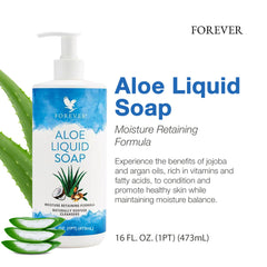 Forever Living Aloe Liquid Soap bottle pour demonstrates rich lather with quick absorption.