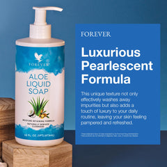 Forever Living Aloe Liquid Soap label closeup highlights cucumber and arnica extracts.