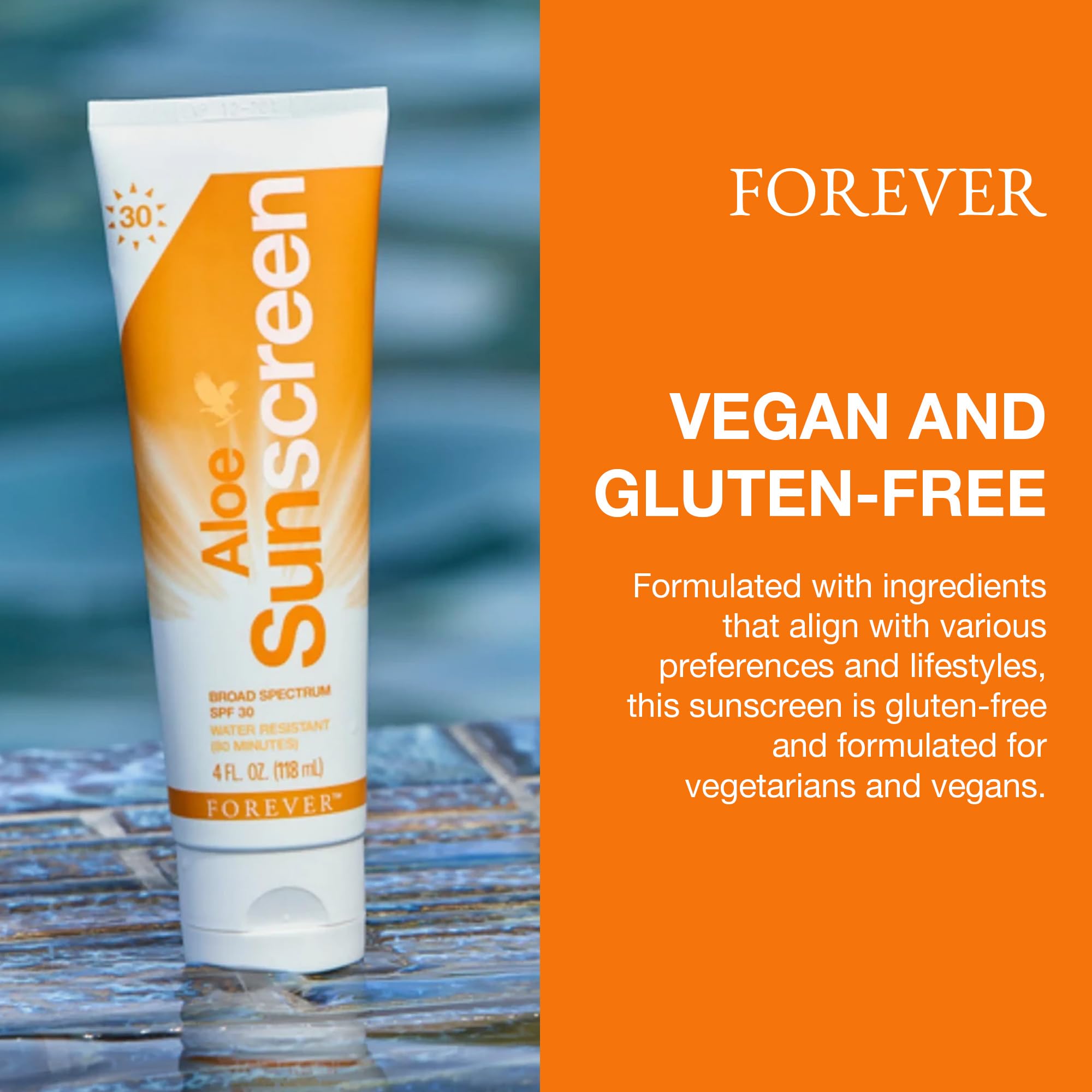 Forever Living Aloe Sunscreen SPF 30 vegan and gluten-free badge, plant-based sun care.