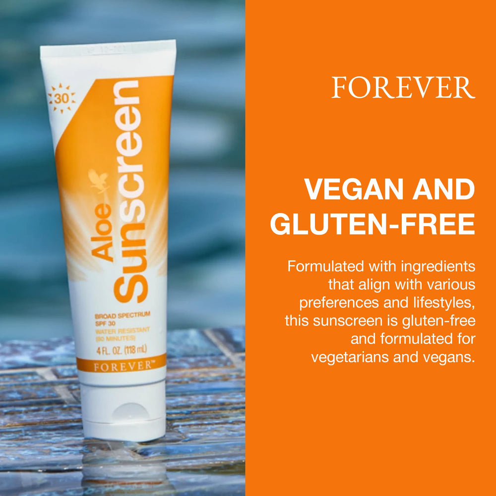 Forever Living Aloe Sunscreen SPF 30 vegan and gluten-free badge, plant-based sun care.
