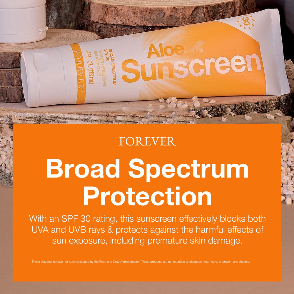 Forever Living Aloe Sunscreen SPF 30 water-resistance graphic, up to 60 minutes of protection.