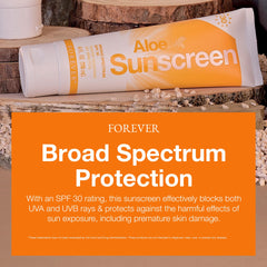 Forever Living Aloe Sunscreen SPF 30 water-resistance graphic, up to 60 minutes of protection.