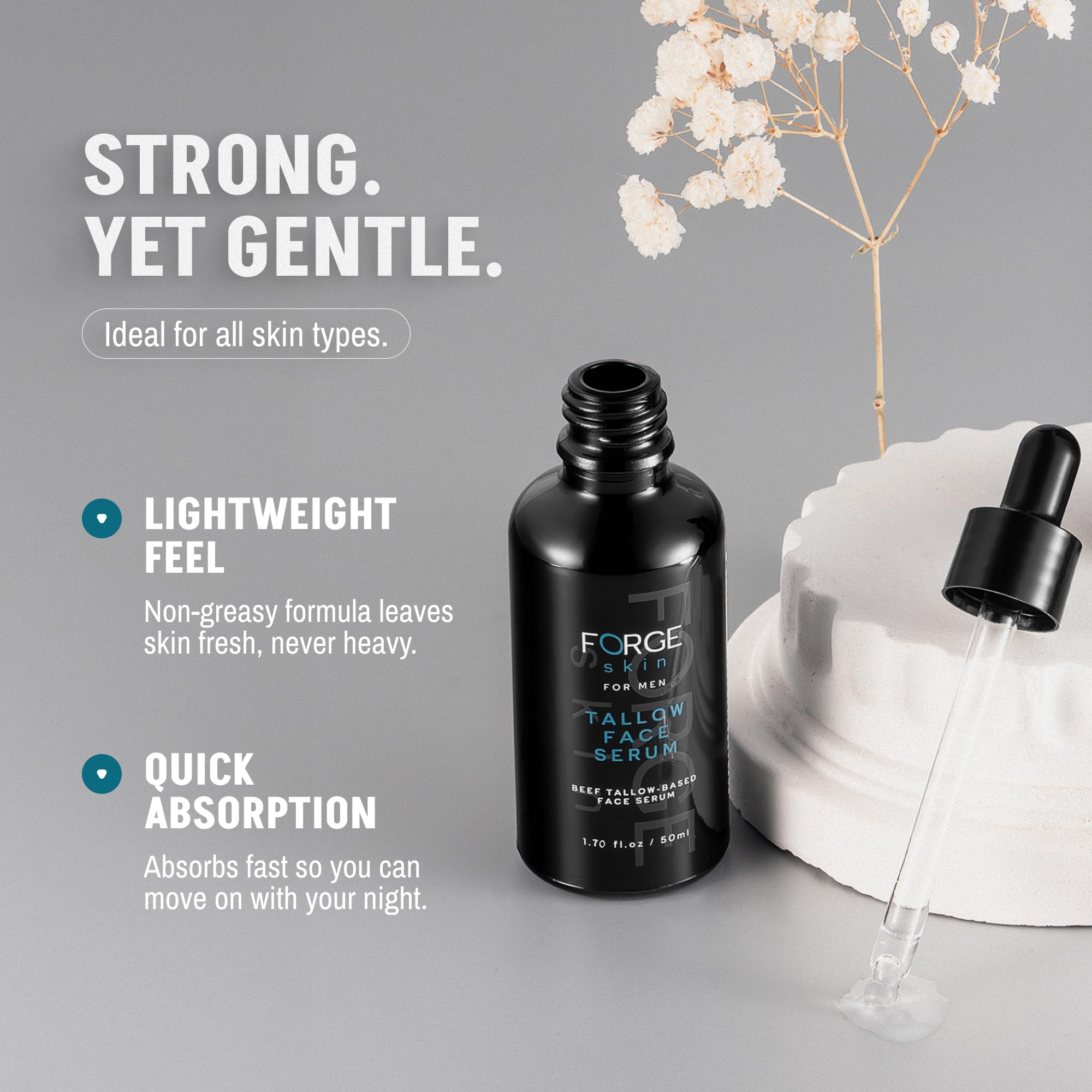 Forge Skin Night Serum pump illustrates fast-absorbing texture.