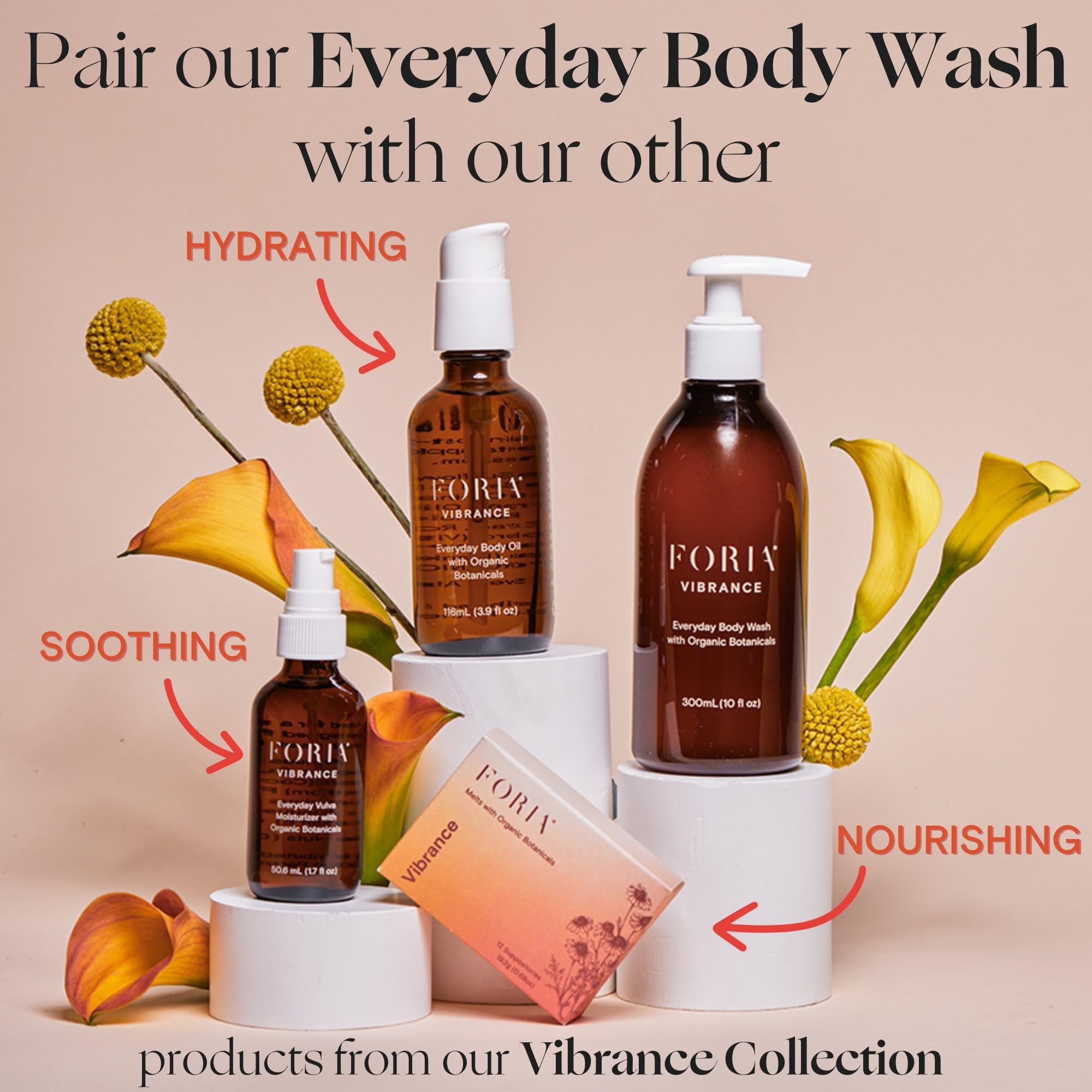 Foria Everyday Body Wash chamomile detail suggesting soothing care during routine.
