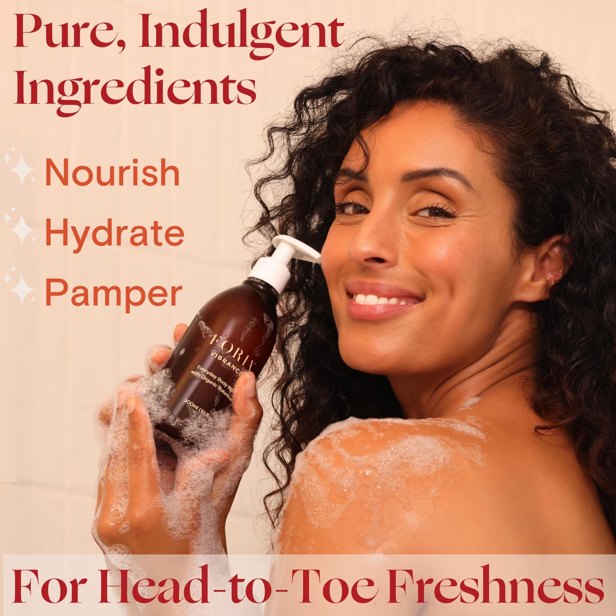 Foria Everyday Body Wash lather demonstrating gentle, hydrating wash for all skin types.