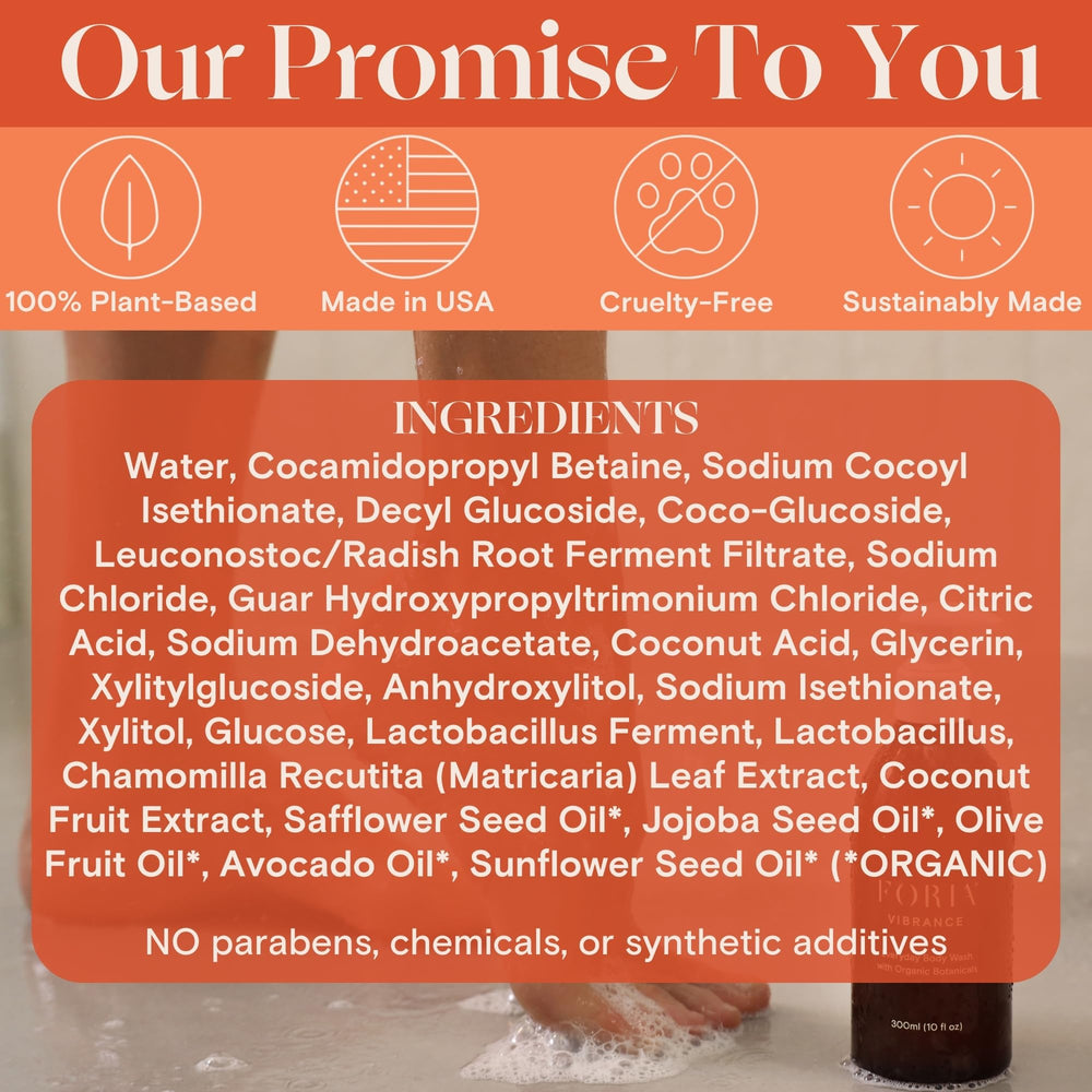 Foria Everyday Body Wash with probiotics balances skin microbiome during cleansing.