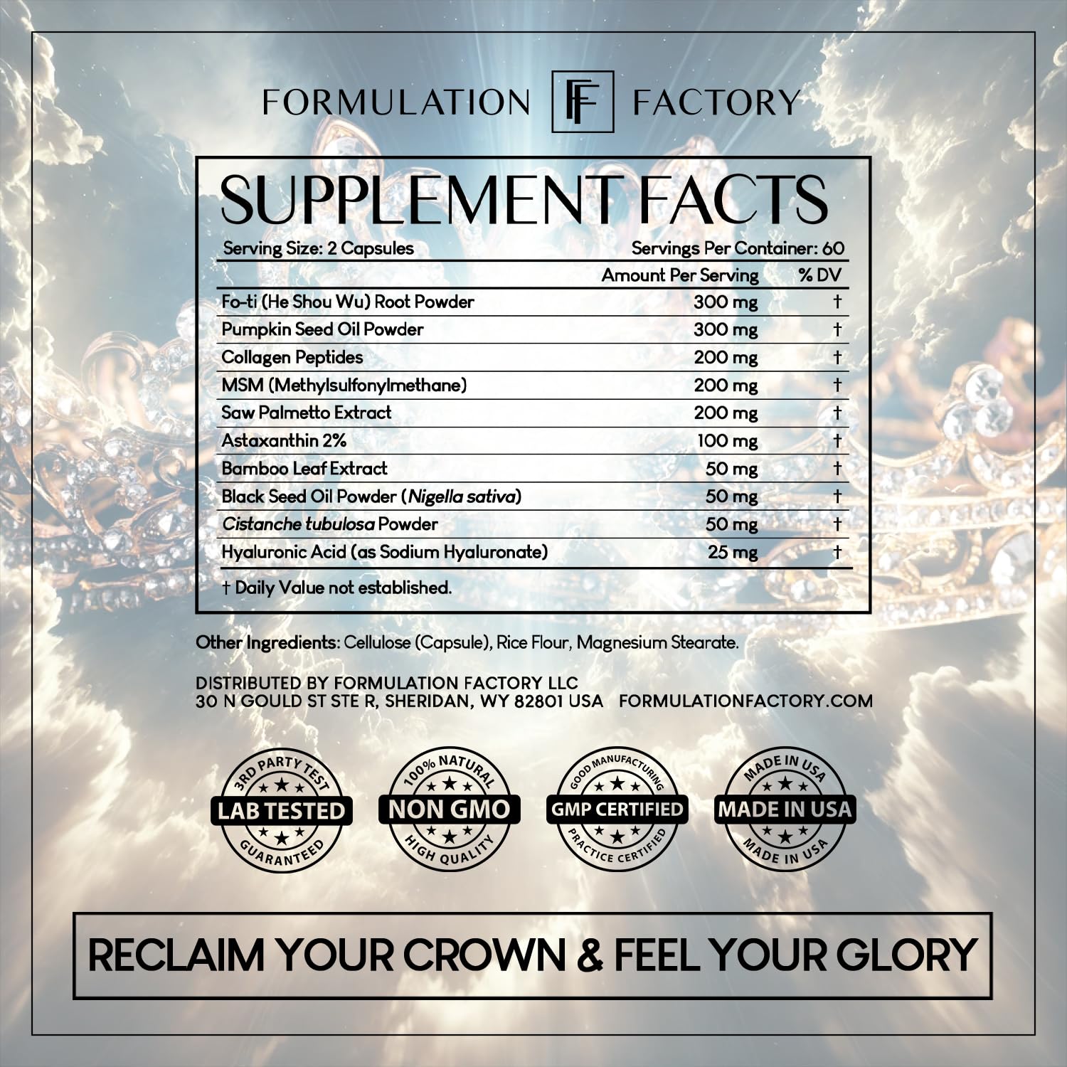 Formulation Factory Crown of Glory ingredients highlight shows 10-in-1 formula