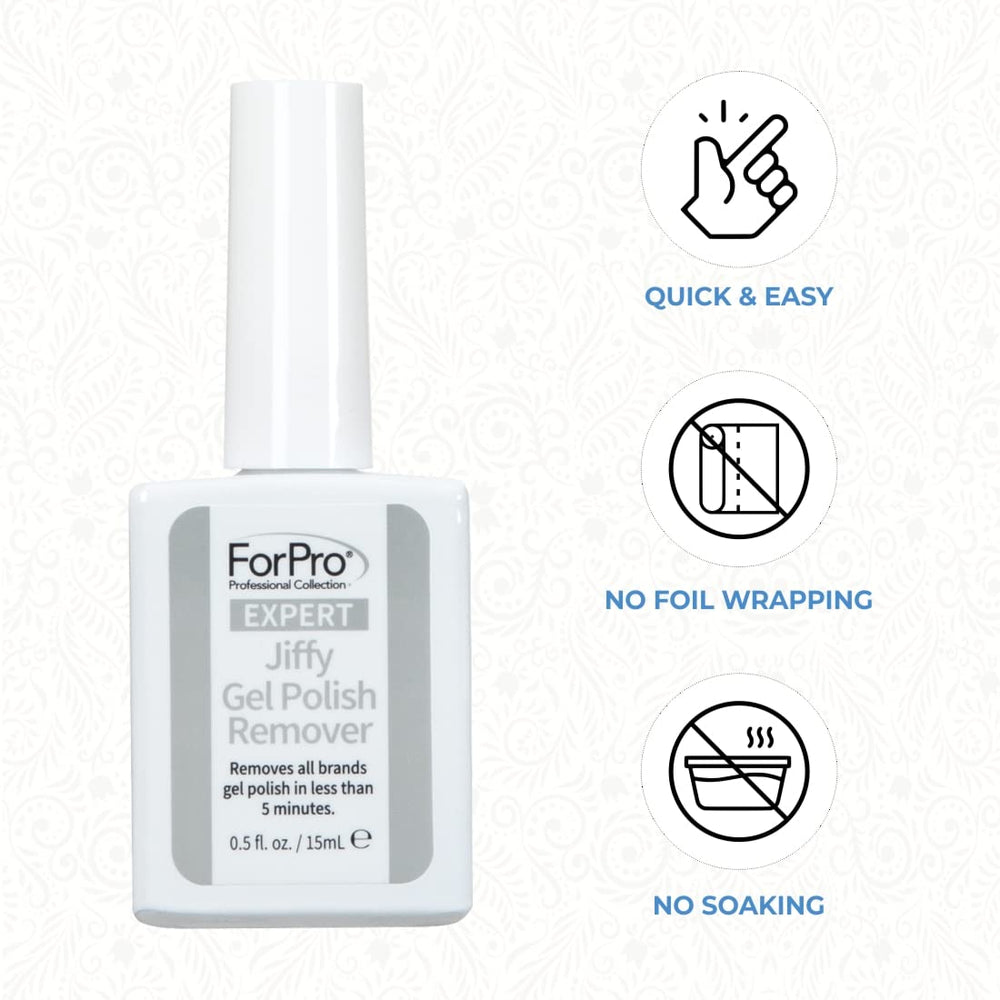 ForPro Expert Jiffy Gel Polish Remover supports removal in under five minutes.