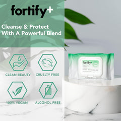 Fortify Skincare Gentle Cleaning wipes offer a soft cleanse without drying.