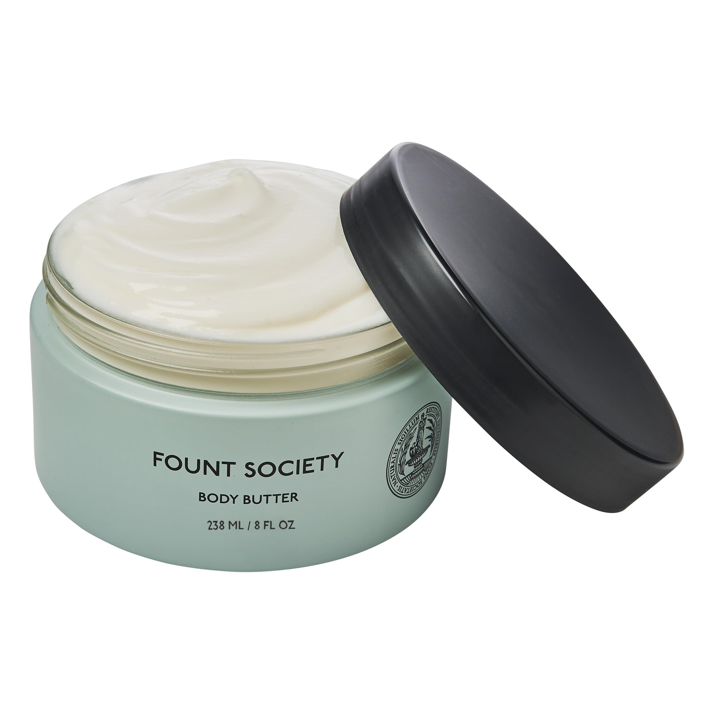 Fount Society Body Butter 8oz packaging close-up shows fragrance-free formula.