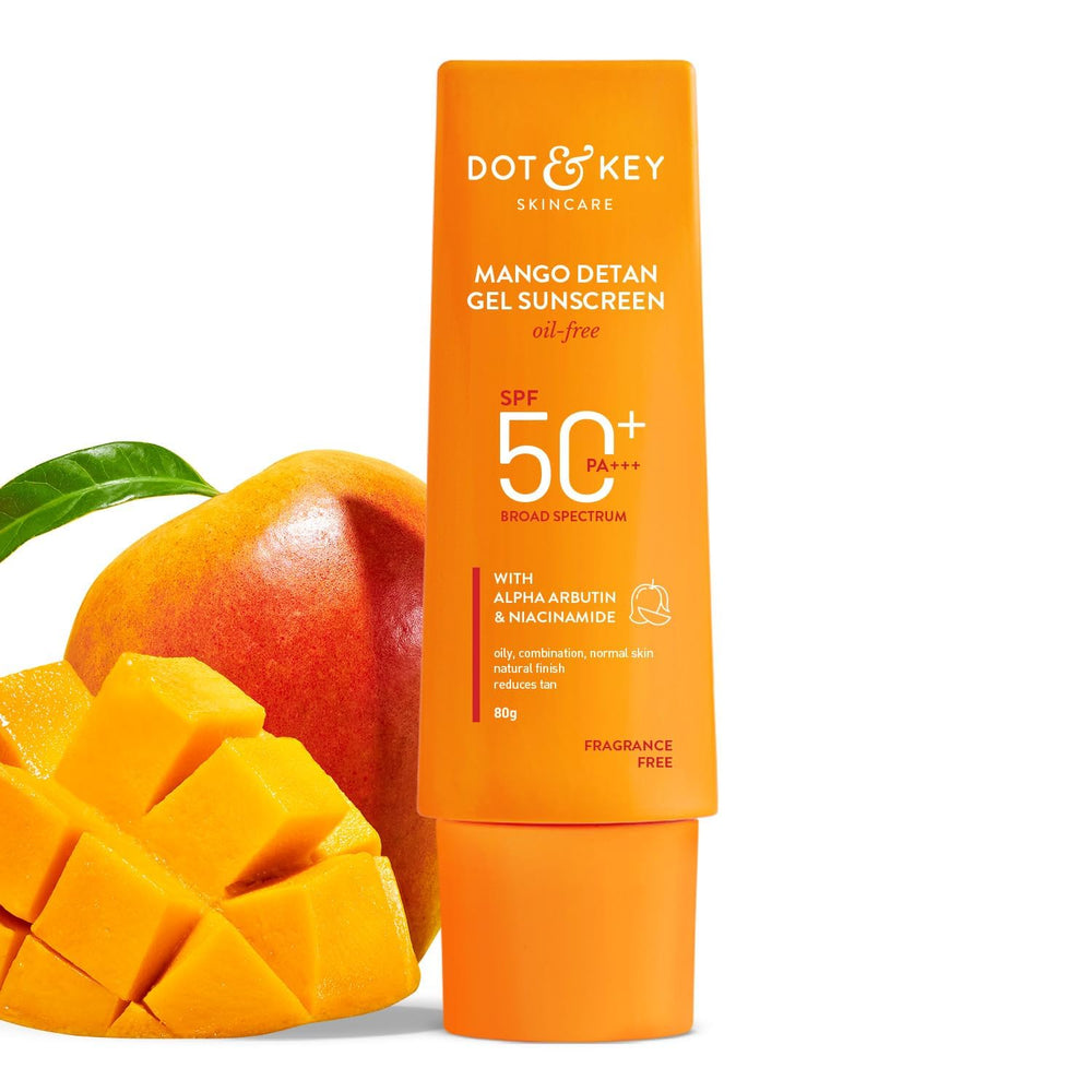 FOUNTINA Dot&Keey Mango Detan Sunscreen bottle on display illustrating broad-spectrum protection