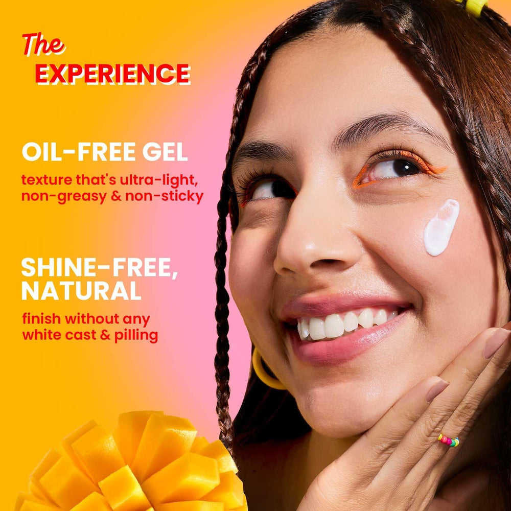 FOUNTINA Dot&Keey Mango Detan Sunscreen gel texture shows oil-free, quick-absorb formula