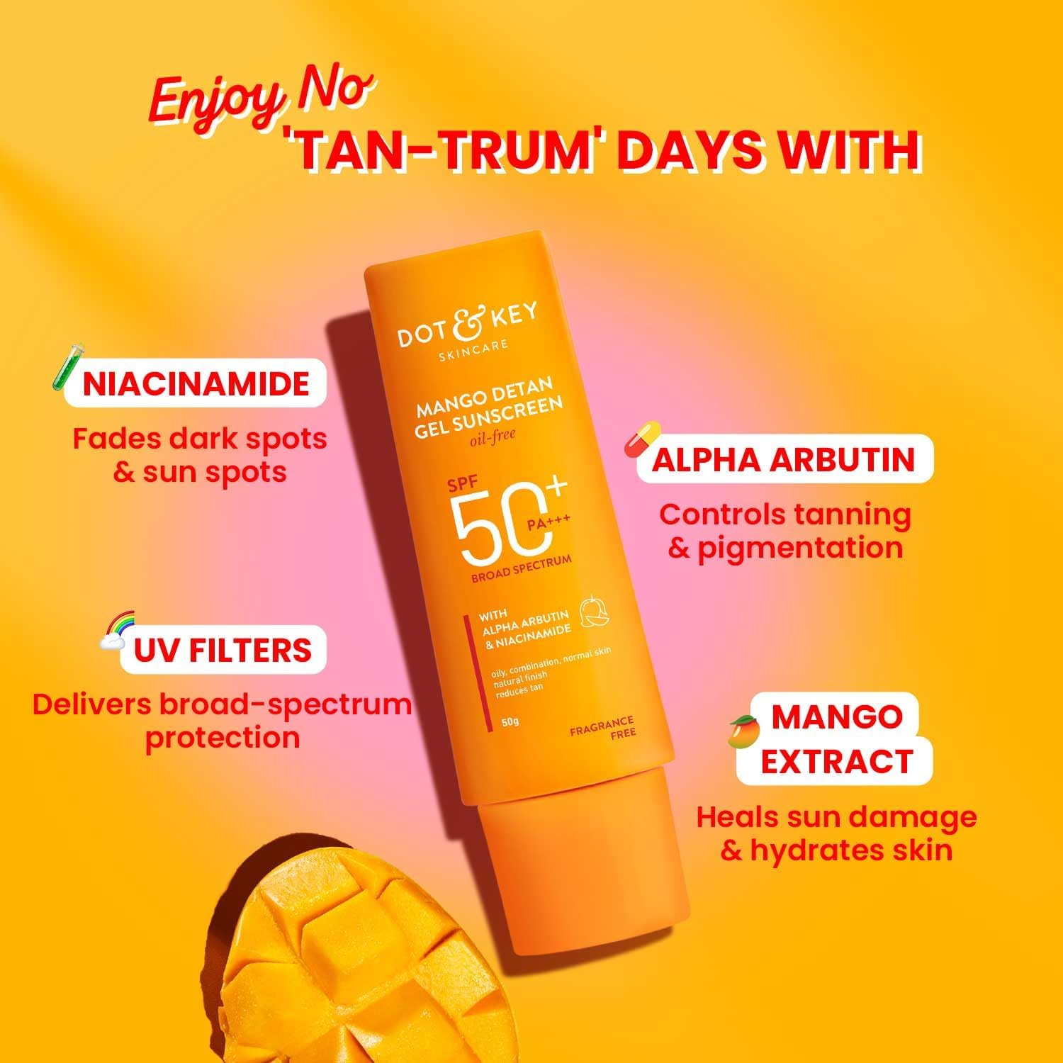 FOUNTINA Dot&Keey Mango Detan Sunscreen SPF50+ highlighted for outdoor protection