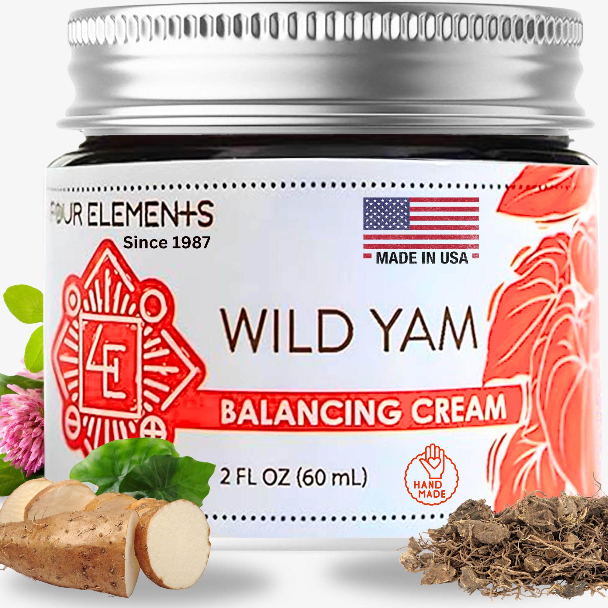 Four Elements 4E Wild Yam Balancing Cream tube showing natural ingredients for balance support.