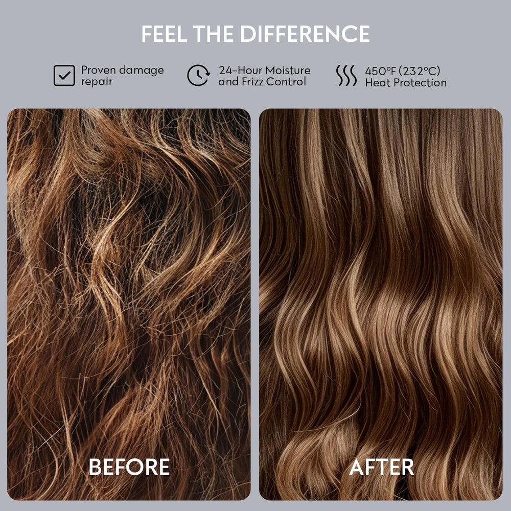 Four Reasons Bio-Molecule Repair Serum on a hair strand showing smoothness and frizz control.