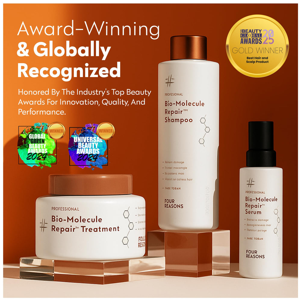Four Reasons Bio-Molecule Repair Serum with heat protection for styling tools in use.