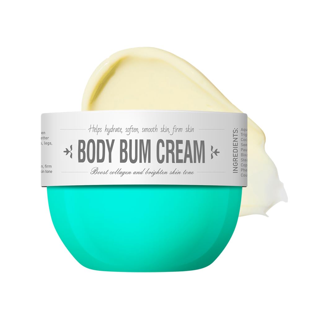 Fovcos Bum Cream bottle in vanilla pistachio scent promoting smooth, deeply hydrated skin.