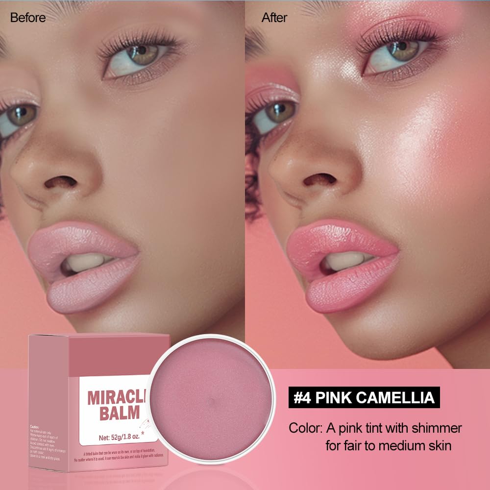 Fovcos Miracle Balm on cheeks provides natural color and lasting hydration.