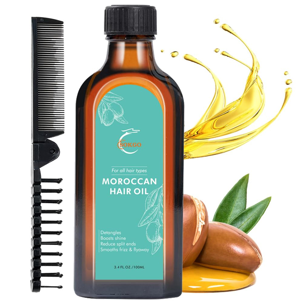 Fovcos Moroccan Argan Treatment oil bottle pour reveals premium nourishment for dry, damaged hair.