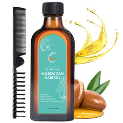 Fovcos Moroccan Argan Treatment oil bottle pour reveals premium nourishment for dry, damaged hair.