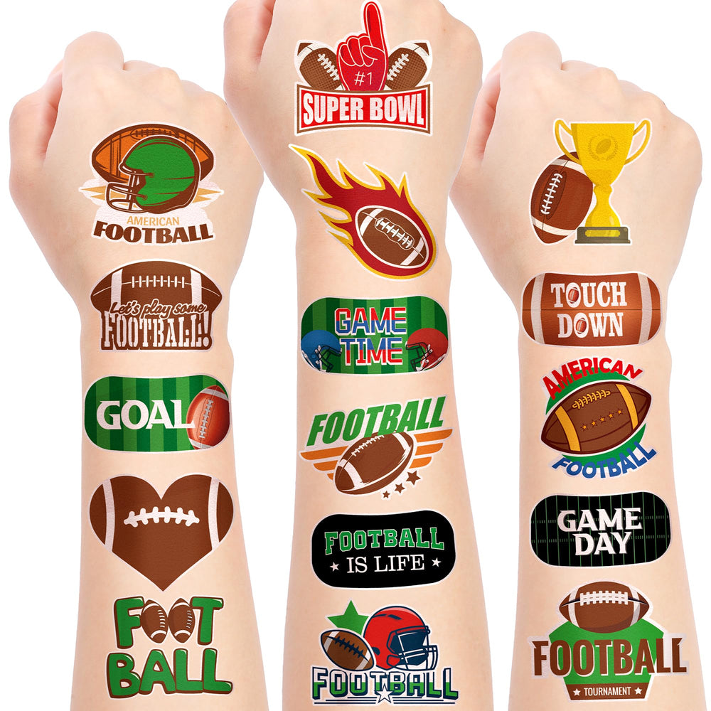 Fovths football tattoos on sheet showing varied designs for party decor