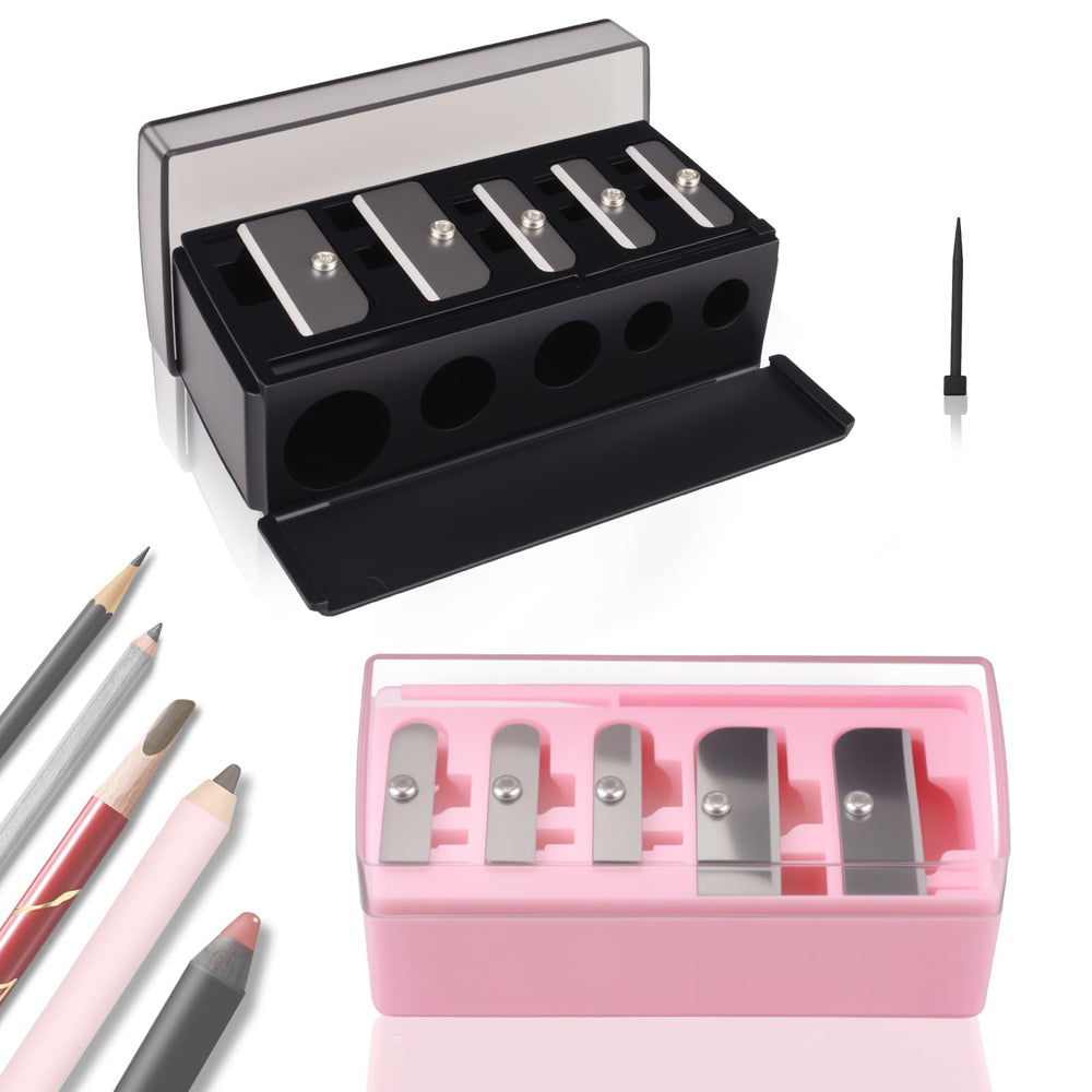 FOWSRHRG 5-hole long-point sharpener in black and pink, close-up for precise pencil points.