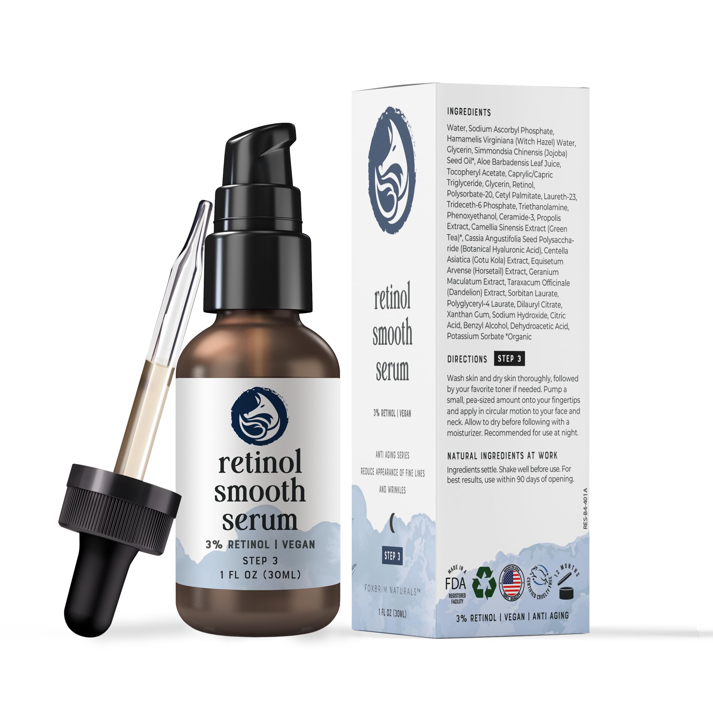Foxbrim Naturals night skincare setup with serum ready.