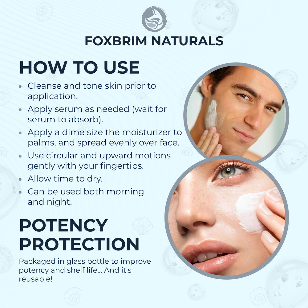 Foxbrim Naturals ingredients panel highlights vegan formula with aloe and botanical humectants.