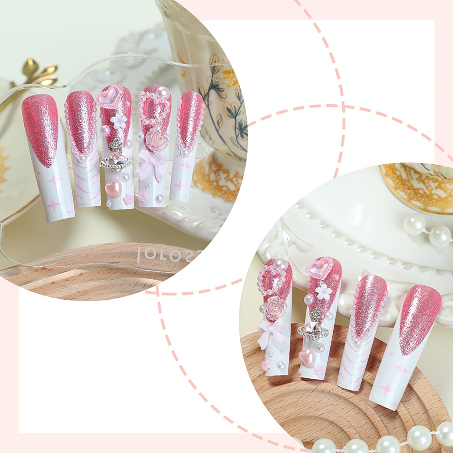 FOXIIU French tips with floral bow design for elegance.