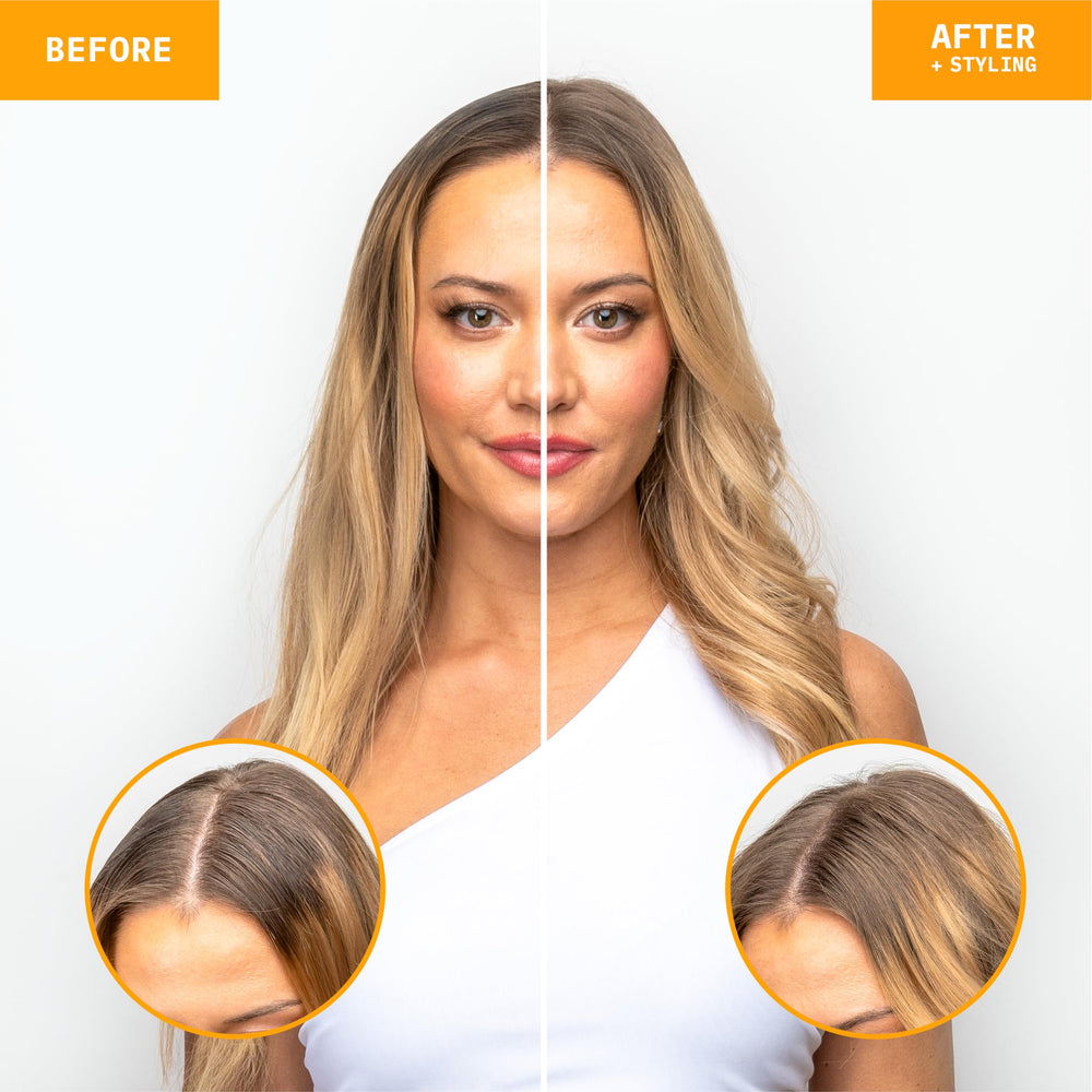 FoxyBae dry shampoo action highlights oil absorption with rice starch.