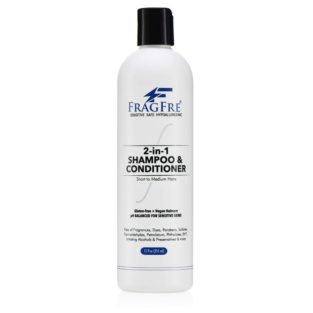 Fragfre 2-in-1 bottle front shows fragrance-free formula for sensitive scalps.