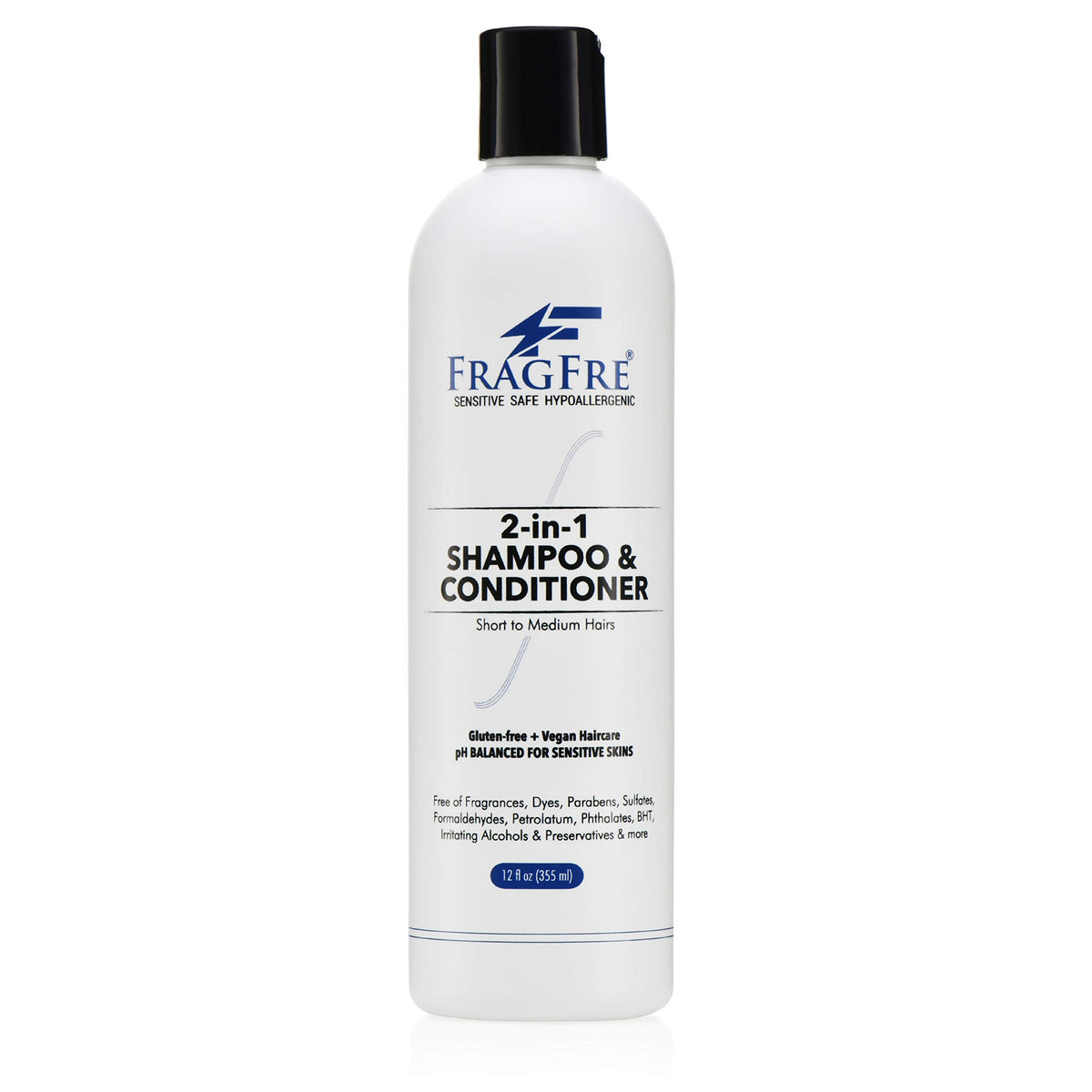 Fragfre 2-in-1 bottle front shows fragrance-free formula for sensitive scalps.