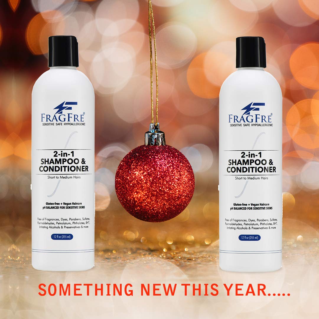 Fragfre 2-in-1 bottle pour highlights gentle cleansing and conditioning in one step.