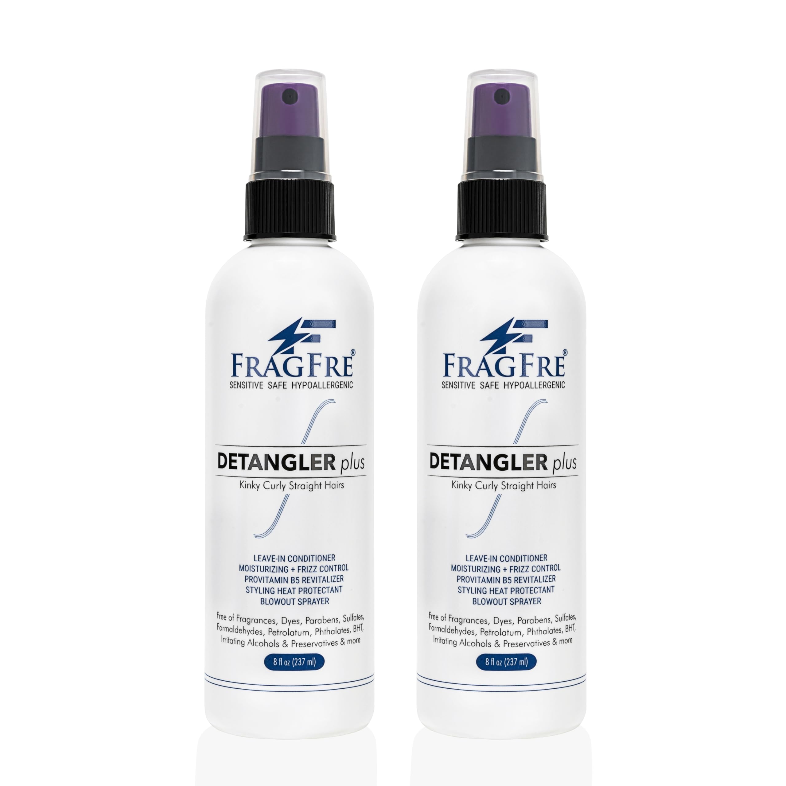 FRAGFRE Detangler Plus bottle showing fragrance-free formula for sensitive skin.