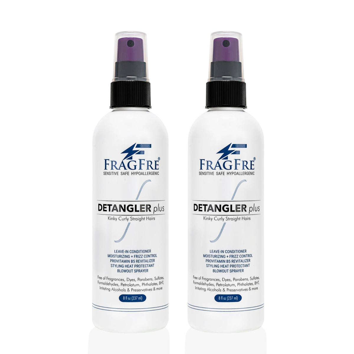 FRAGFRE Detangler Plus bottle showing fragrance-free formula for sensitive skin.