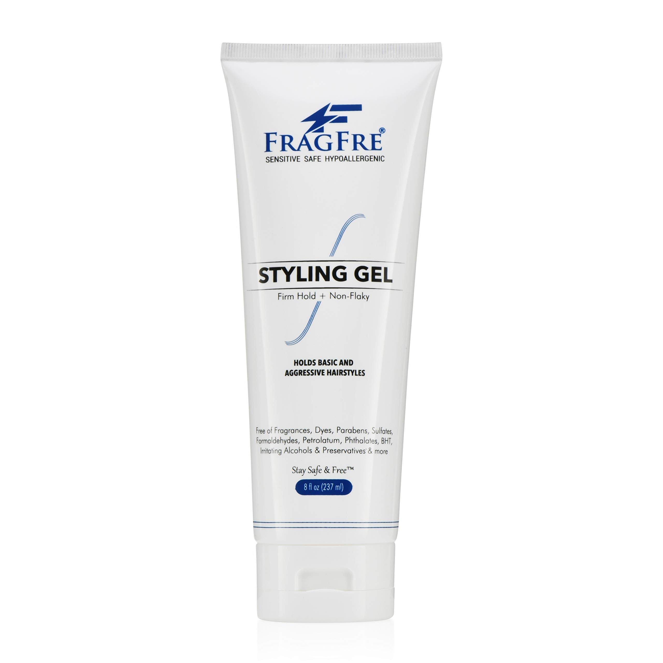 FRAGFRE firm hold gel bottle shows fragrance-free formula for all-day style