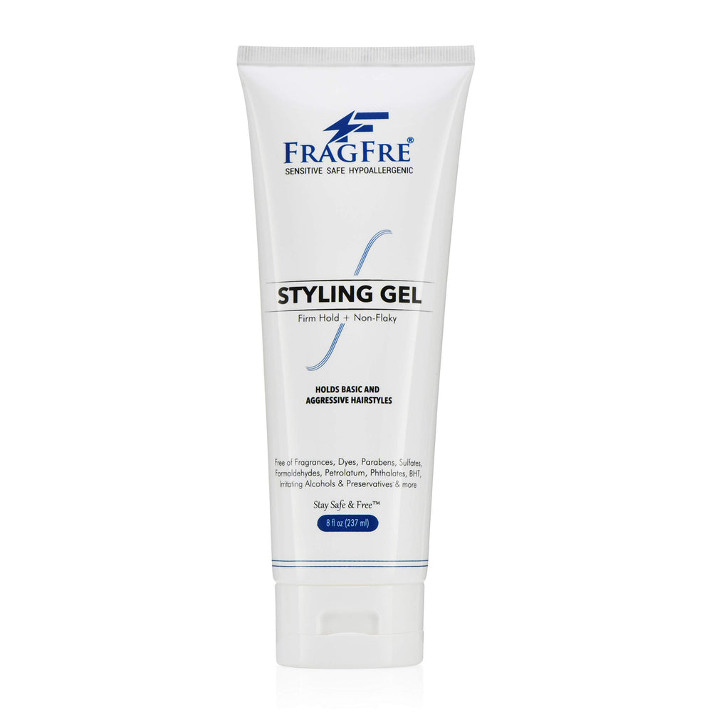 FRAGFRE firm hold gel bottle shows fragrance-free formula for all-day style
