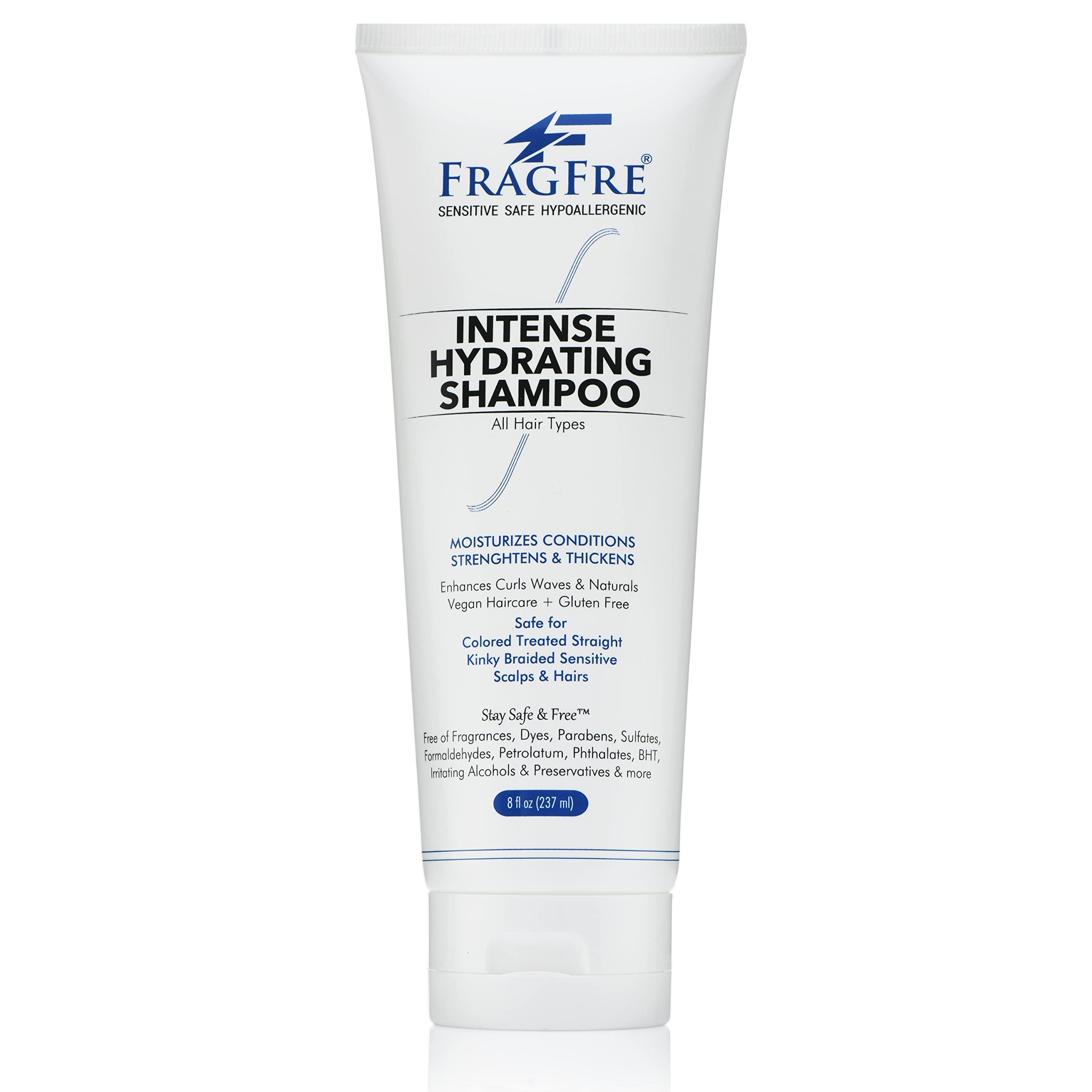 FRAGFRE Intense Hydrating Shampoo bottle close-up, fragrance-free formula ideal for sensitive scalps.