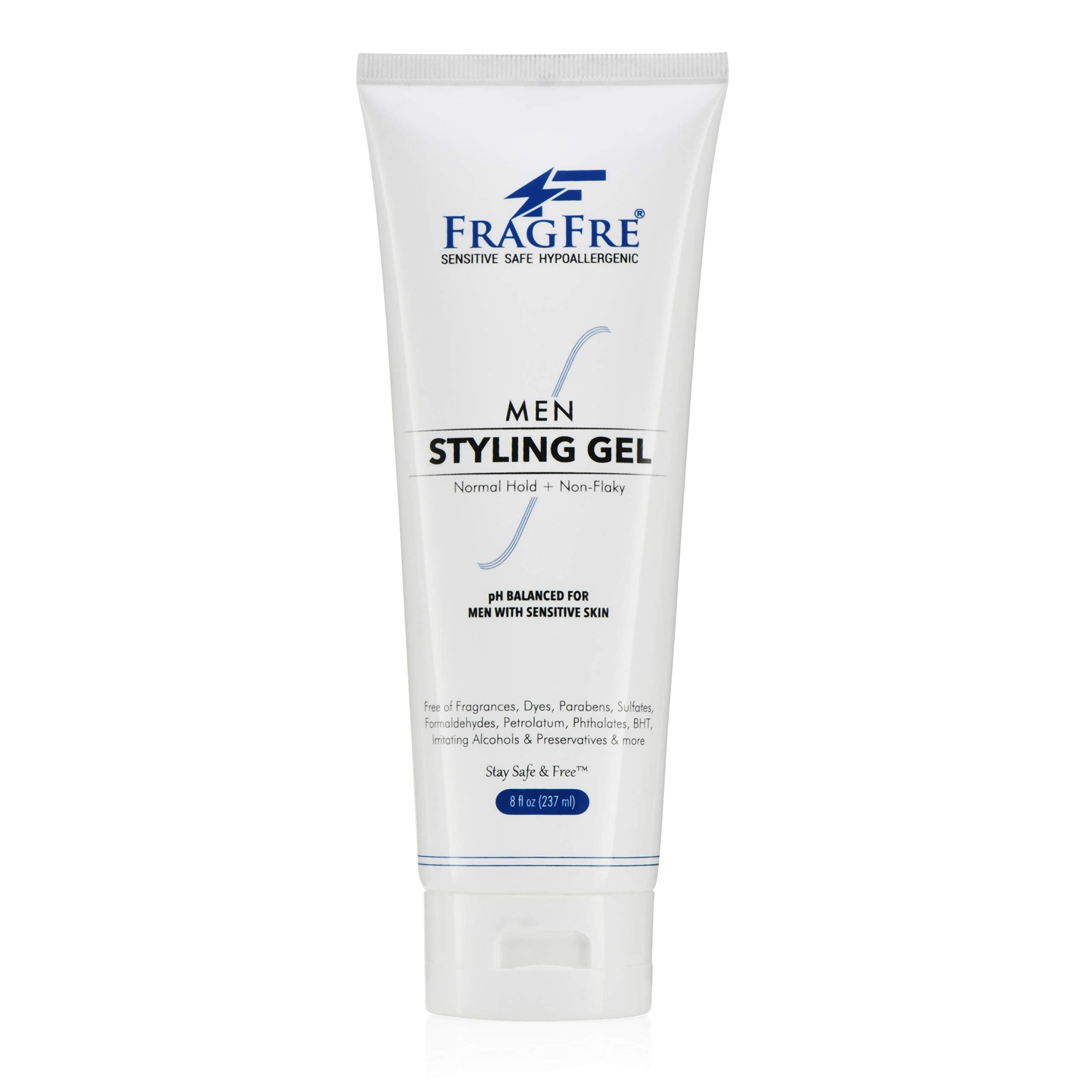 FRAGFRE men’s hair gel bottle showcases fragrance-free formula for all-day hold.