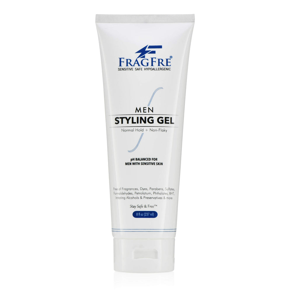 FRAGFRE men’s hair gel bottle showcases fragrance-free formula for all-day hold.